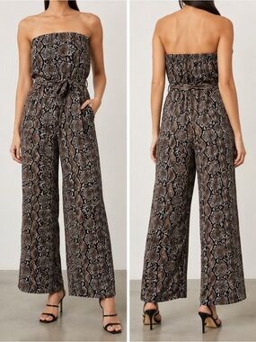 Babaton Strapless Snake Print Wide Leg Jumpsuit Size 4 Chic Neutral